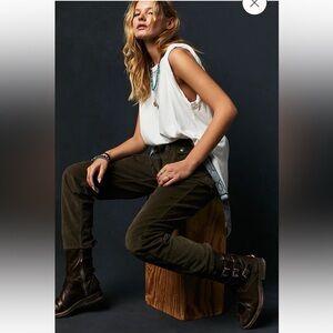 Free People Dark Olive Corduroy Carpenter Pants. NWOT ribbed high waist slouchy